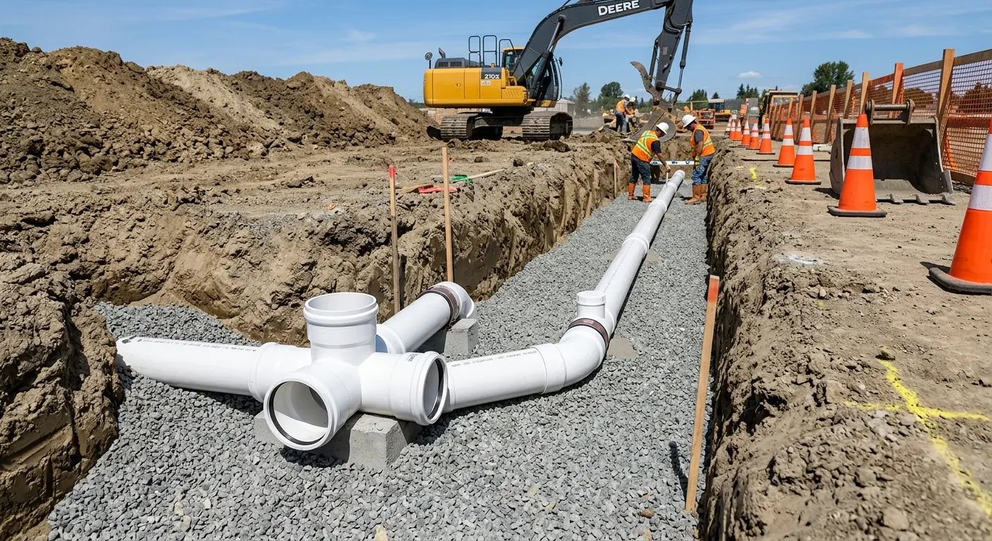New PVC sewer pipe installation in open trench for Sewer Backup in Sioux Center