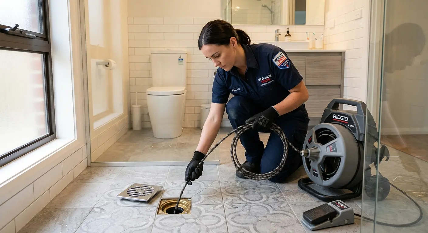 Technician clearing a bathroom floor drain for Clogged Drain Repair in Sioux Center